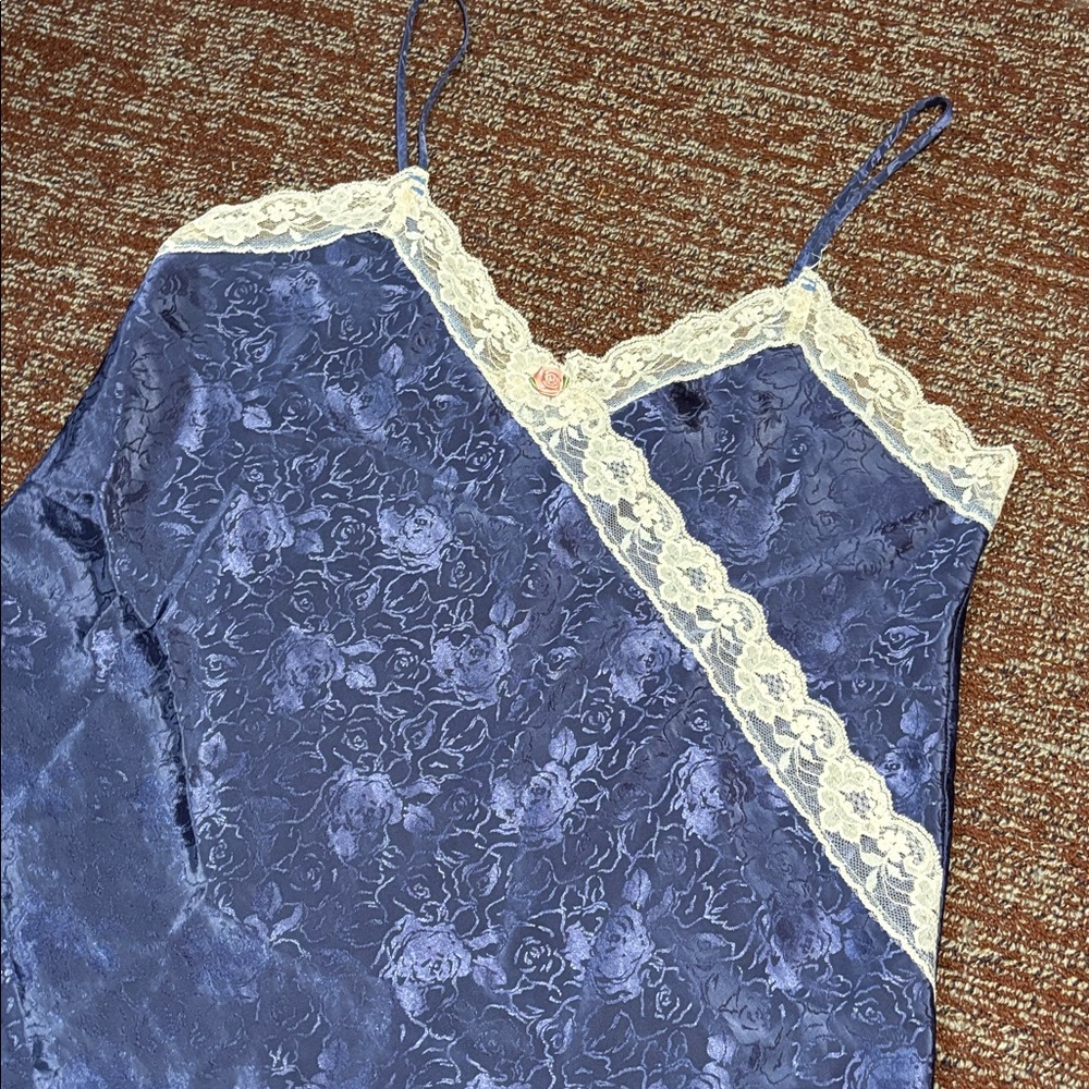 Vintage slip chemise nighty lace trim Victorian satin blue cream side slit L